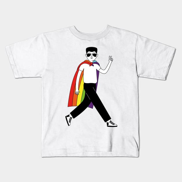 A man with a rainbow gay parade flag on his shoulders Kids T-Shirt by Savvalinka